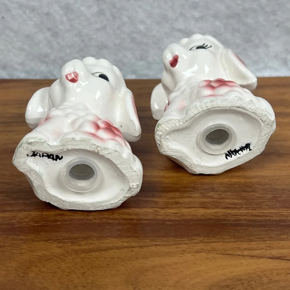 Vintage Japan Ceramic Lamb Salt and Pepper Shakers Pink White Kitsch Set